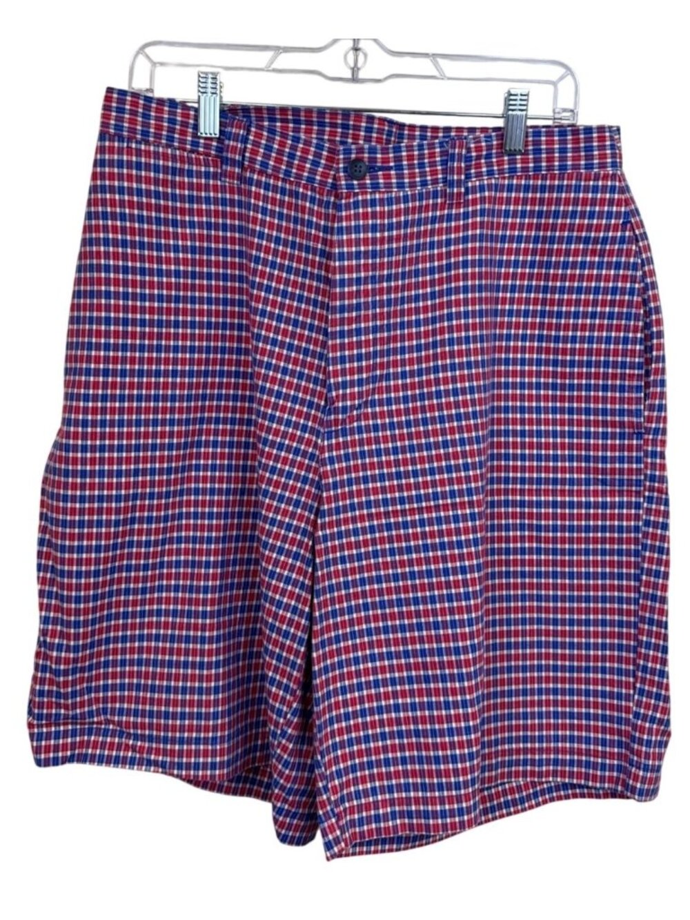 GAP Cotton Chino Shorts Men's 33 Red Blue White Gingham Pattern Flat Front